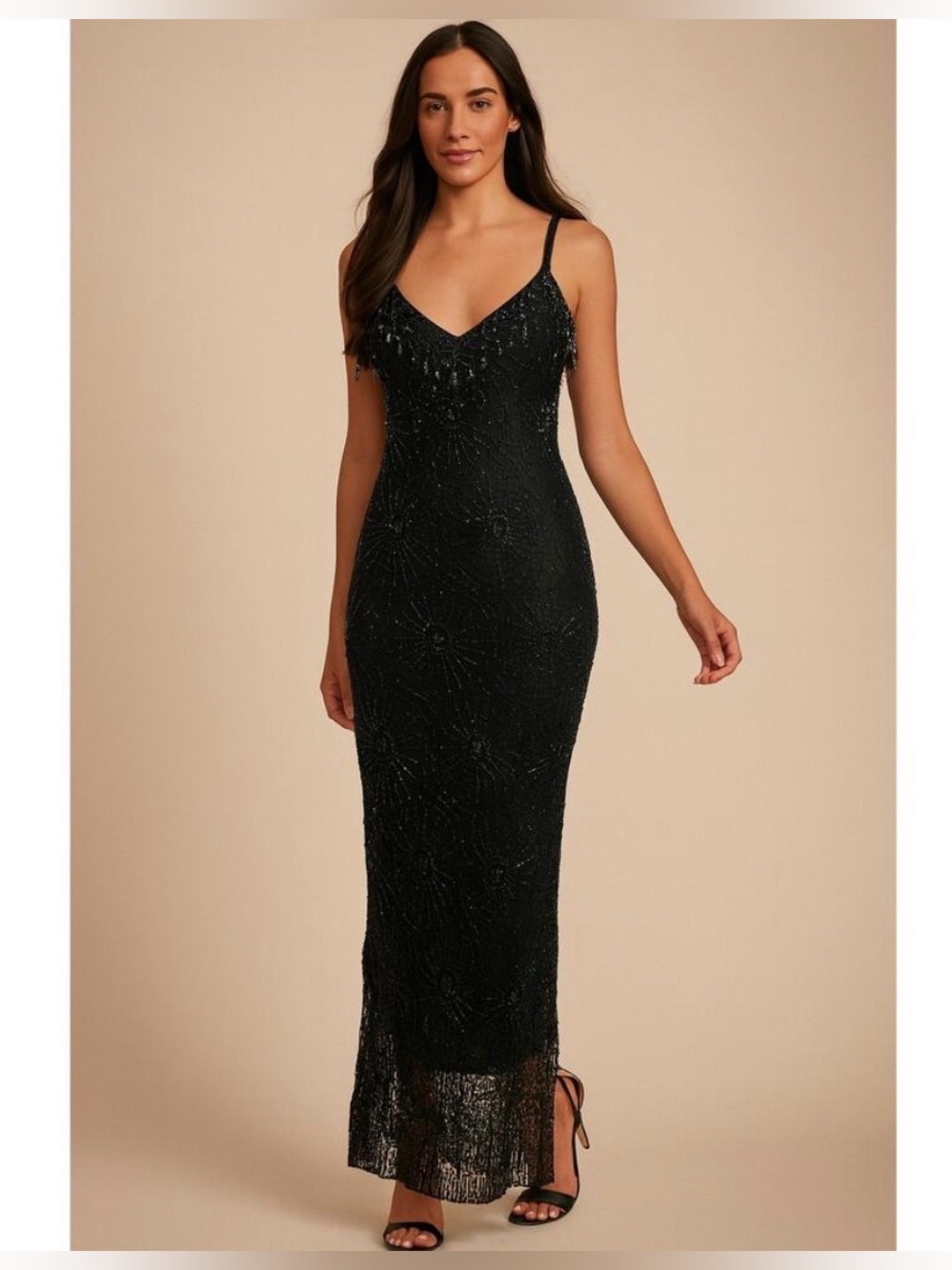 Vintage Sue Wong 90s/Y2k Goth Witchy Crochet Black Beaded Maxi Dress Small